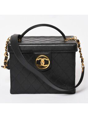 Chanel Bicolor Vanity Bag Handbag CC Logo Lambskin Black Gold